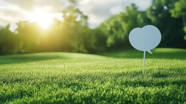 A white heart shaped sign nestled in lush green grass, symbol of love and serenity in nature's embrace