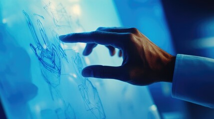 Fototapeta premium A close-up of a male hand presenting a detailed idea sketch, embodying the essence of brainstorming and success, framed by a cool blue background.