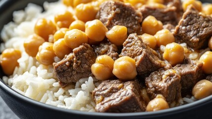 A close-up view of a bowl filled with fluffy rice, tender chickpeas, and juicy beef cubes, showcasing a delicious and nutritious meal.