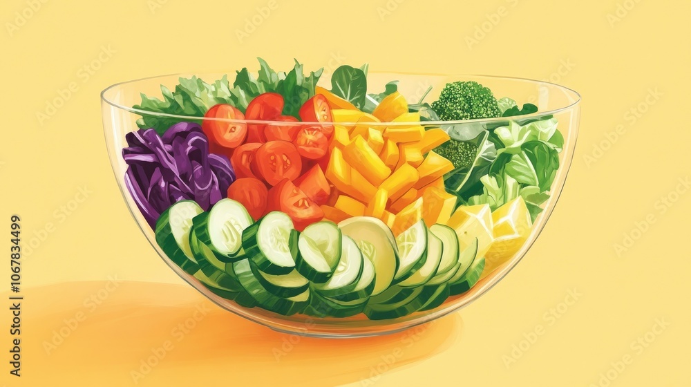 Poster a colorful array of vegetables in a glass bowl, showcasing a nutritious rainbow salad that appeals t