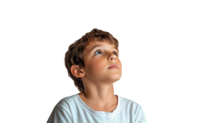 Curious young boy, thinking and looking up, isolated on transparent background