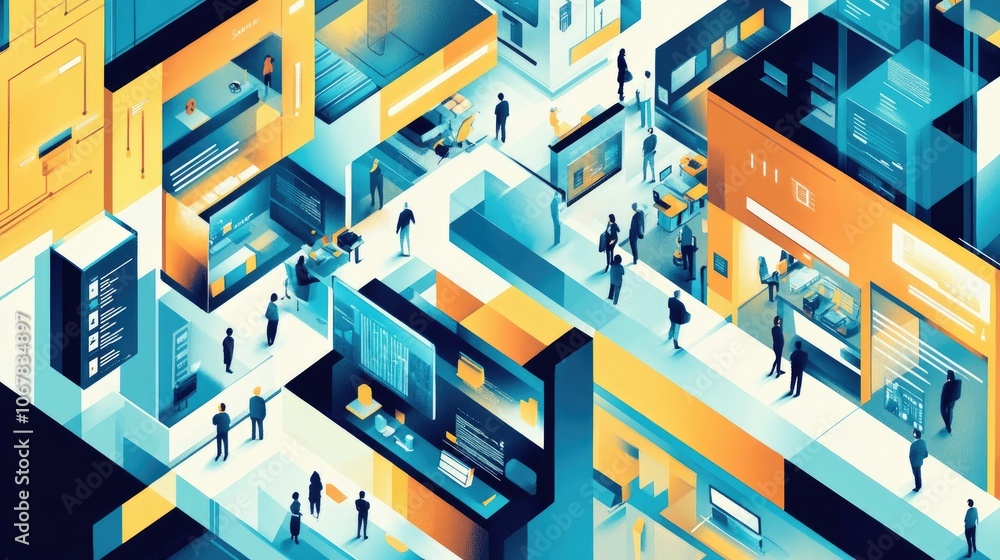 Poster A creative visualization of a tech-driven marketplace, illustrating the integration of technology in B2B business environments.
