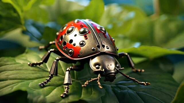Metal ladybug resting gracefully on a vibrant green leaf, adding a touch of whimsy to nature, Ai Generated.