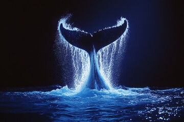 An awe-inspiring capture of a whale tail magnificently rising and splashing under a moonlit sky, creating a breathtaking aurora of water droplets glowing in blue.