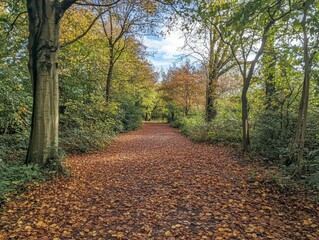 Obraz premium Explore the tranquil warm autumn path blanketed in colorful fallen leaves beneath a vast open sky