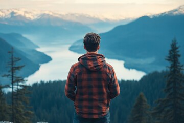 A person stands facing a vast mountain landscape with a serene lake in the distance, embracing the tranquility and majesty of the natural world from the viewpoint.