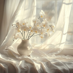 A vase filled with white orchid flowers was placed on a table with white sheets. Next to the window with white curtains, light shone outside.