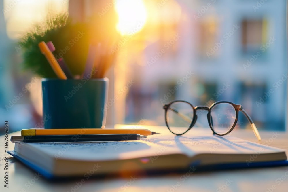 Aufkleber A warm and inviting workspace featuring a notebook, pen, and glasses basking in the soft glow of sunset, creating a serene atmosphere for creativity and focus.