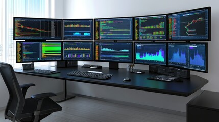Naklejka premium A sleek workspace featuring multiple screens displaying data analytics, emphasizing the role of technology in modern business.