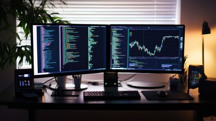 A sleek workspace featuring multiple screens displaying data analytics, emphasizing the role of technology in modern business.