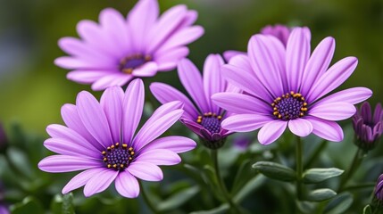 Obraz premium A stunning close-up of purple flowers, showcasing their vibrant hues and delicate petals against a blurred green backdrop.