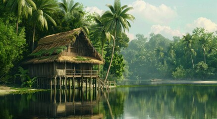 tropical cottage, serene lake, lush greenery, palm trees, calm water, natural retreat, picturesque scenery, tranquil environment, summer paradise, peaceful hideaway