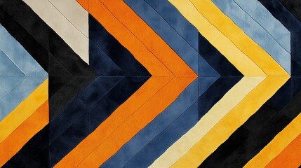 Abstract Geometric Suede Rug:  A close-up shot of a  vibrant  suede rug, featuring a bold geometric pattern of diagonal stripes in shades of blue, orange, yellow, black, and gray.