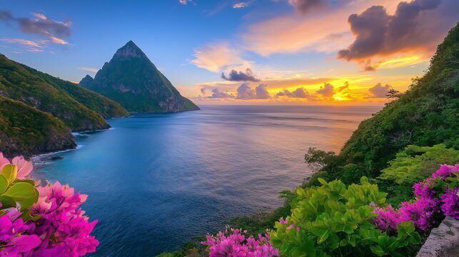 St Lucia Sunset Paradise: Pitons Majesty at Golden Hour 