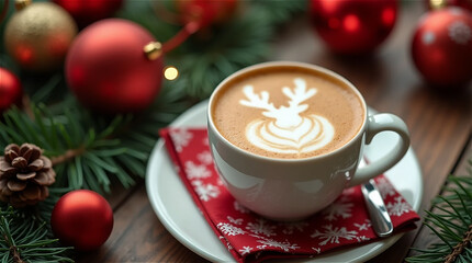 Café Latte coffee with a picture of Rudolph in a cup placed on top of a Christmas decoration.