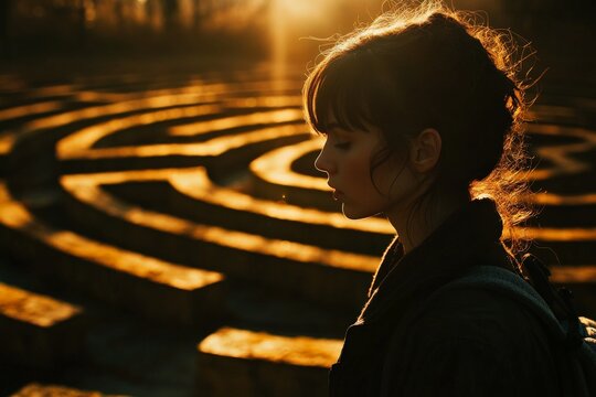 A woman with dark hair stands beside a stone labyrinth during a golden sunset, evoking a sense of contemplation and mystery in the soft, warm glow.