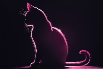 A cat silhouetted in pink is poised with grace and mystery against an intense black backdrop, offering a striking contrast and an aura of enigmatic elegance.