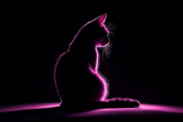 A cat sits in profile, enveloped in a dramatic pink glow that highlights its graceful silhouette, evoking a sense of quiet introspection against the darkness.