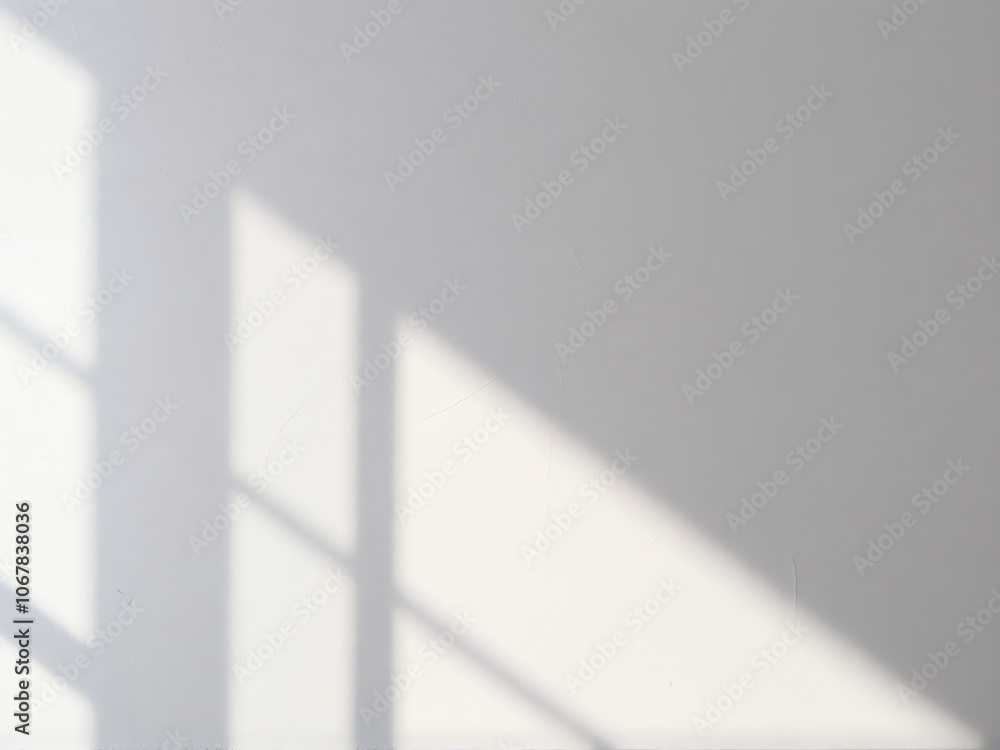 Poster shadows from window blinds create a pattern on a light-colored wall during a sunny afternoon