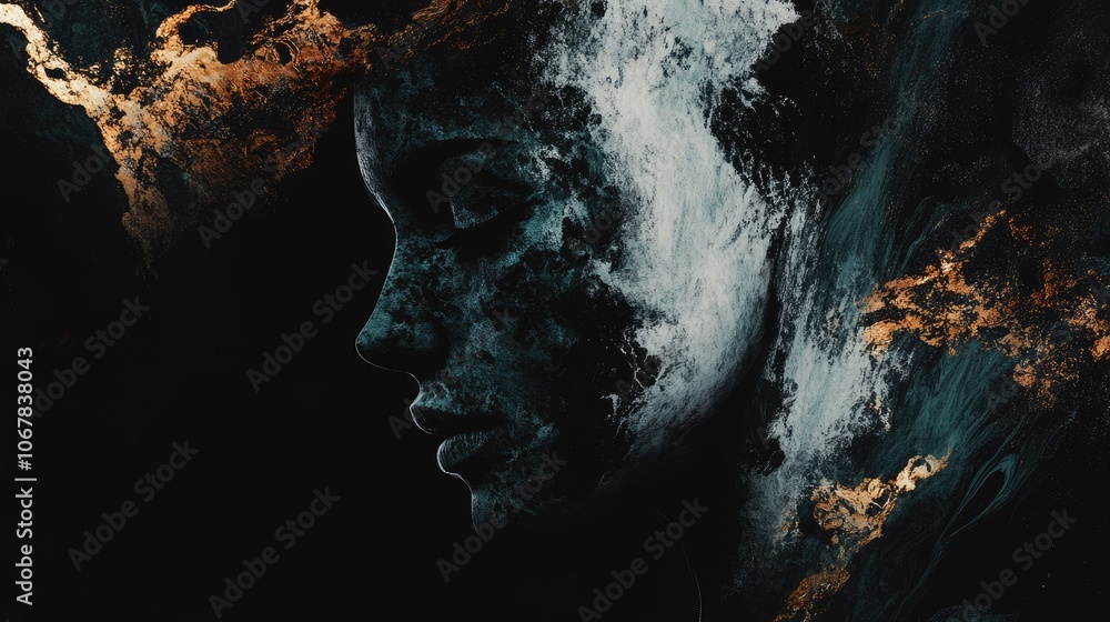 Poster Artistic composition of female face merging with corroded patterns, abstract and unsettling, dark background