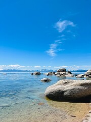 Lake Tahoe Shoreline: Clear Blue Waters and Rocky Outcrops