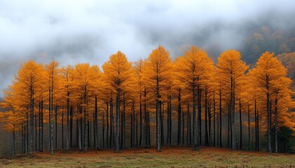 Fototapeta premium A row of golden trees in a foggy forest. Perfect for autumn, nature, and forest themes.