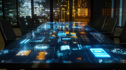 Business Meeting Table Overlaid with Digital Technology and Innovation Imagery