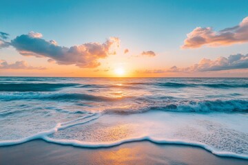 Fototapeta premium The vibrant sunset sets the ocean waves aglow with brilliant hues of orange and pink, capturing the mesmerizing beauty of nature's ever-changing seascape in vivid detail.