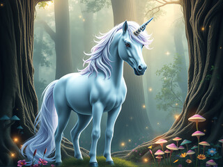 mystical unicorn stands gracefully in an enchanting forest surrounded by colorful flowers and glowing mushrooms during twilight