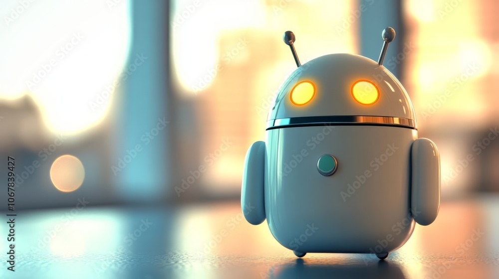 Poster a white robot with glowing eyes stands on a table in front of a window.
