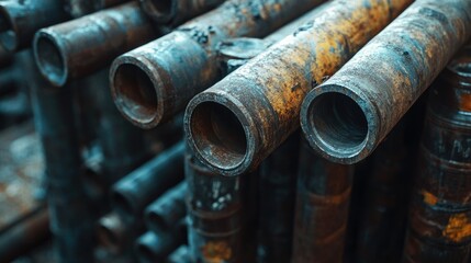 Close-up on the ends of stacked steel pipes in warehouse, showing textures and metal details