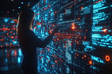 Fototapeta premium Silhouette of woman interacting with glowing screen. Great for technology, data, and AI concepts.