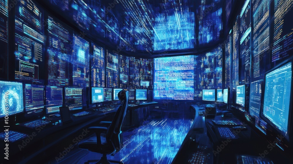 Aufkleber a futuristic server room filled with glowing screens displaying complex data.