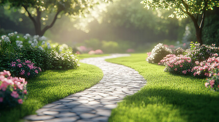 Obraz premium serene green park with lush grass and vibrant flowers, symbolizing tranquility and growth. The natural landscape highlights harmony, peace, and the beauty of open, refreshing outdoor spaces