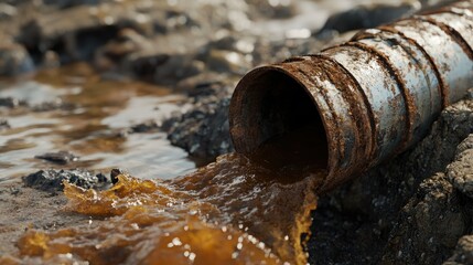 Obraz premium Damaged pipe emitting brown water into ground, close-up of rust and cracks, pollution and decay theme