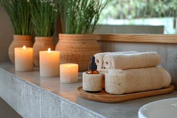 Elegant bathroom set with sea salt and essential oils, arranged with candles and towels, creating a soothing spa-like atmosphere with natural wellness products.
