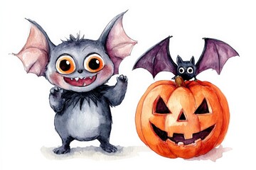 Fototapeta premium This delightful image captures a bat child next to a smiling pumpkin, illustrating the whimsical and fun aspects of Halloween with a playful and lighthearted tone.