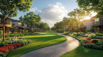 Fototapeta premium serene green park with lush grass and vibrant flowers, symbolizing tranquility and growth. The natural landscape highlights harmony, peace, and the beauty of open, refreshing outdoor spaces