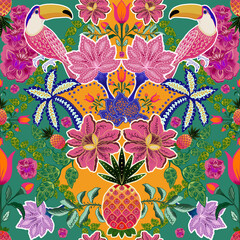 
Seamless print with color variant. Toucans and colorful flowers. Brazilian style. Summer