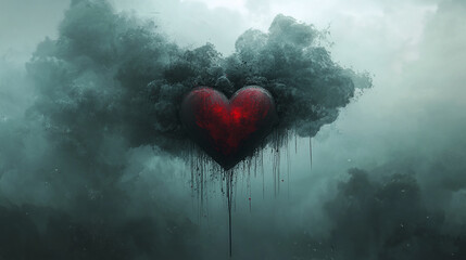 Abstract Representation of a Heart Weighed Down by Dark Clouds, Symbolizing Emotional Heaviness and Sadness