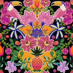 Seamless print with color variant. Toucans and colorful flowers. Brazilian style. Summer