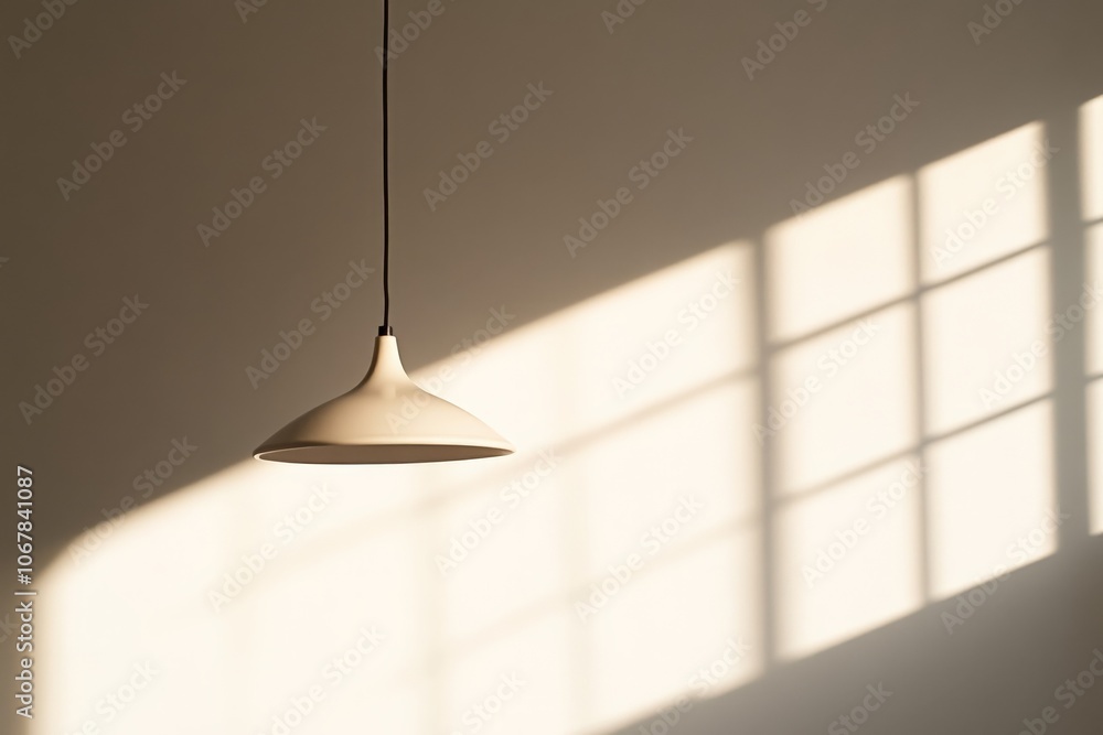 Fototapete A simple and elegant pendant lamp hangs against a wall where light streams through a window, casting geometric shadows, creating a sense of warmth and tranquility.