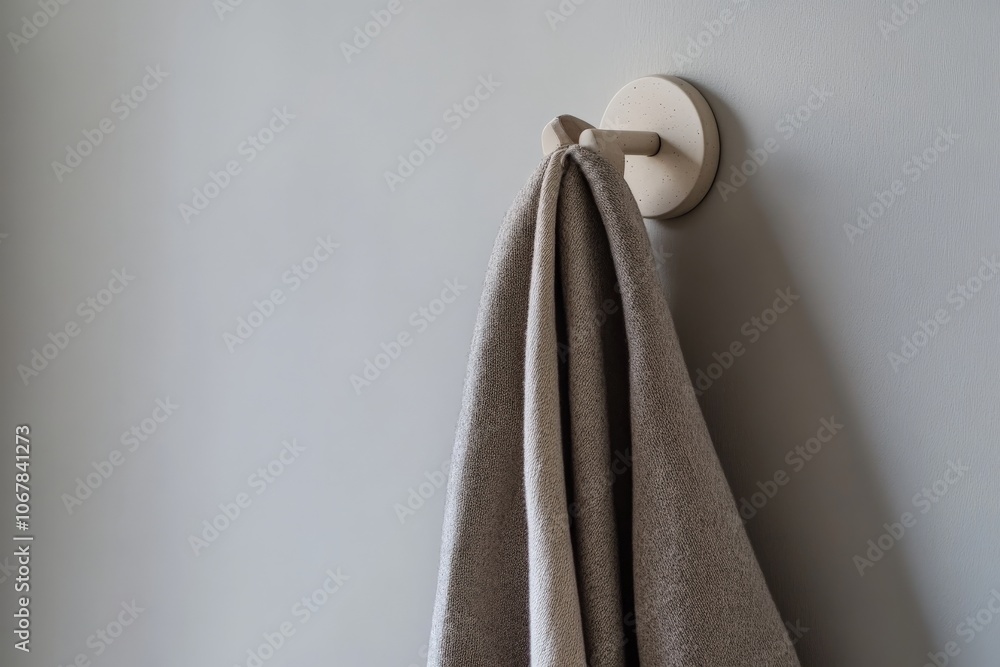Poster a neutral-colored towel hangs from a wall hook set against a minimalist gray backdrop, showcasing a 