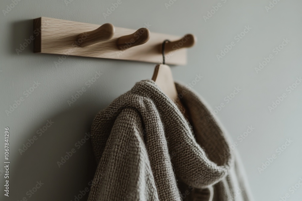 Aufkleber a grey knitted sweater is hanging on a simple wooden coat rack mounted on a wall, creating a minimal