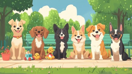 Naklejka premium A joyful group of cartoon dogs sits together on a park bench, each smiling with toys nearby, surrounded by lush greenery and flowers on a sunny day.