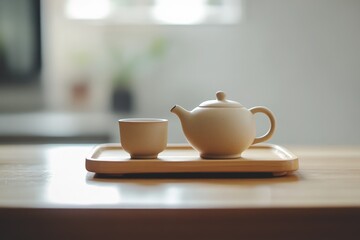 Fototapeta premium A minimalistic teapot and matching cup sit on a smooth wooden tray, with a softly blurred background for a clean, serene, and modern aesthetic in the sunlight.