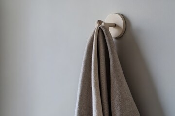 A neutral-colored towel hangs from a wall hook set against a minimalist gray backdrop, showcasing a clean and serene aesthetic in a modern interior environment.