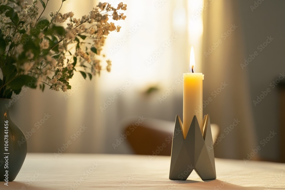 Poster The image captures an elegant scene with a sleek candle in a stylish holder accompanied by delicate flowers, casting a soft light on a neatly laid table.