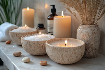 Elegant bathroom set with sea salt and essential oils, arranged with candles and towels, creating a soothing spa-like atmosphere with natural wellness products.
