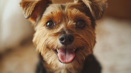 A happy dog with bright eyes and a big smile stands in a lush green outdoor setting, exuding joy and warmth.